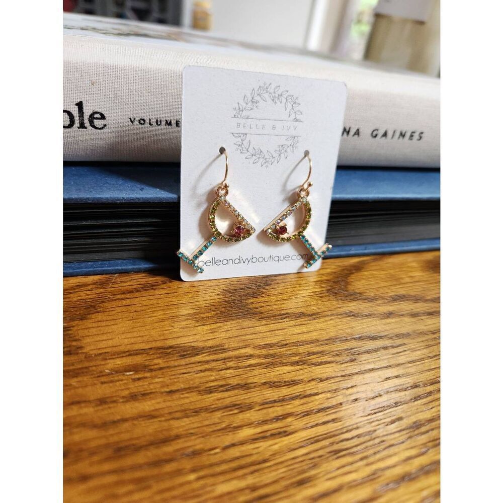 Small Rhinestone Martini Dangle Earrings - Picture 2 of 5